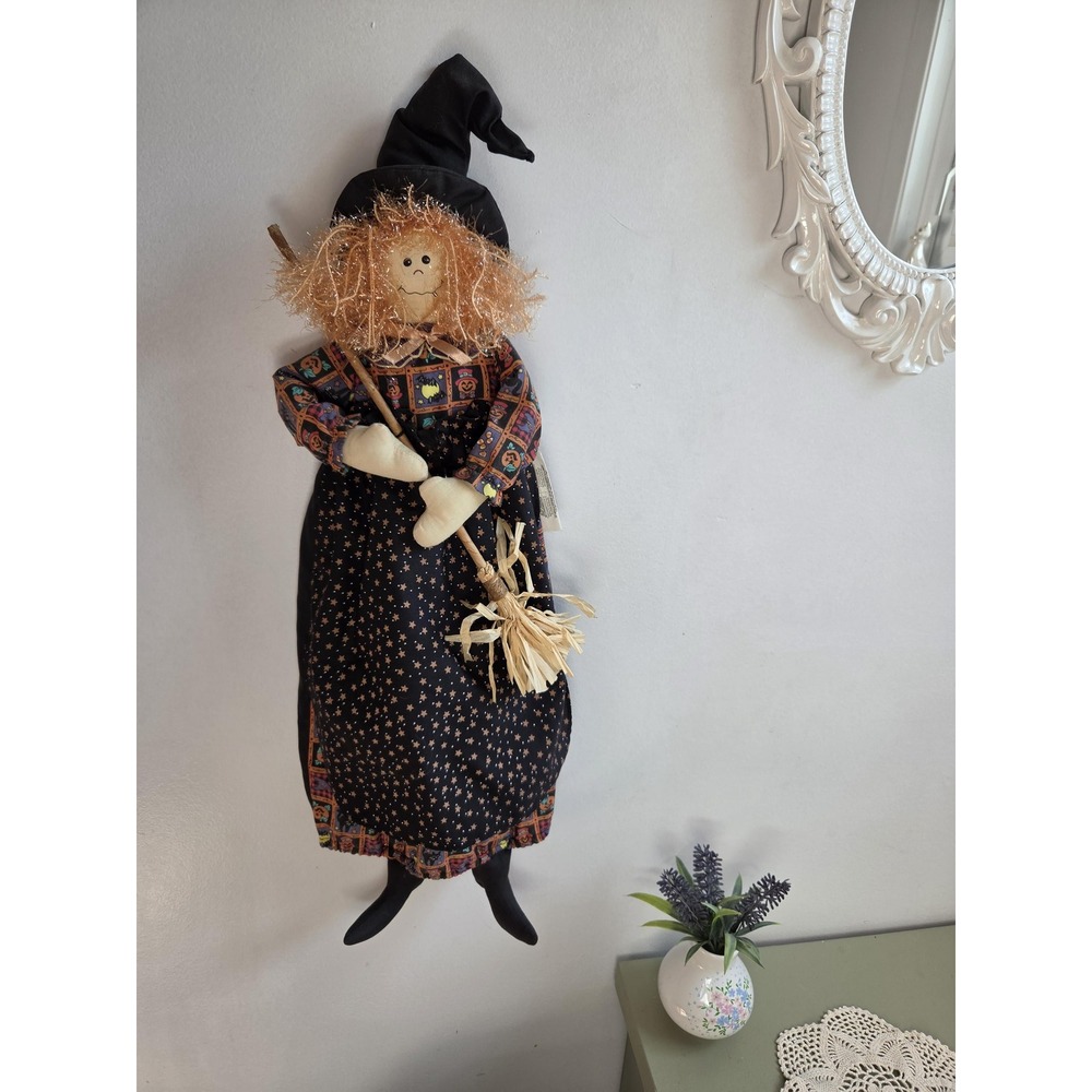 Vintage Avon Halloween Witch Doll Hanging Decor Fabric Broom 25"